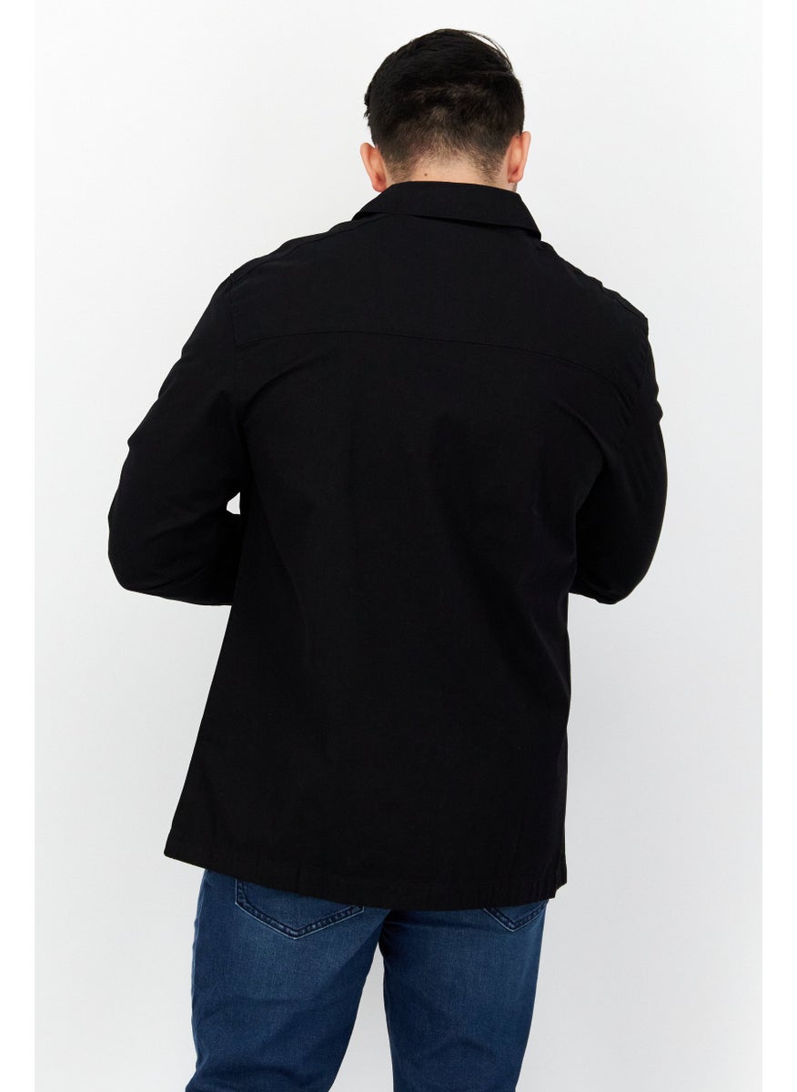 Men Pointed Collar Long Sleeve Printed Casual Shirt, Black