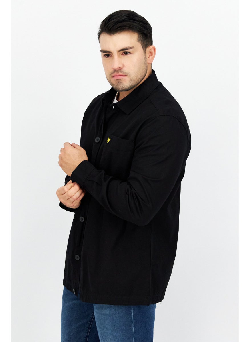 Men Pointed Collar Long Sleeve Printed Casual Shirt, Black