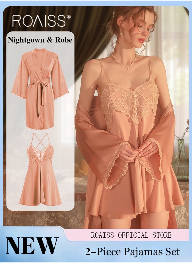 2-Piece Set of Women Pajamas with V-Neck Design Women Home Wear Set Same Color Outer Robe and Lace Element Nightgown