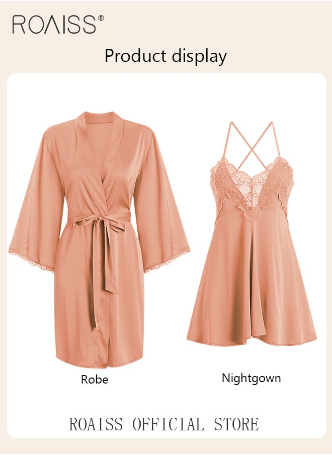 2-Piece Set of Women Pajamas with V-Neck Design Women Home Wear Set Same Color Outer Robe and Lace Element Nightgown