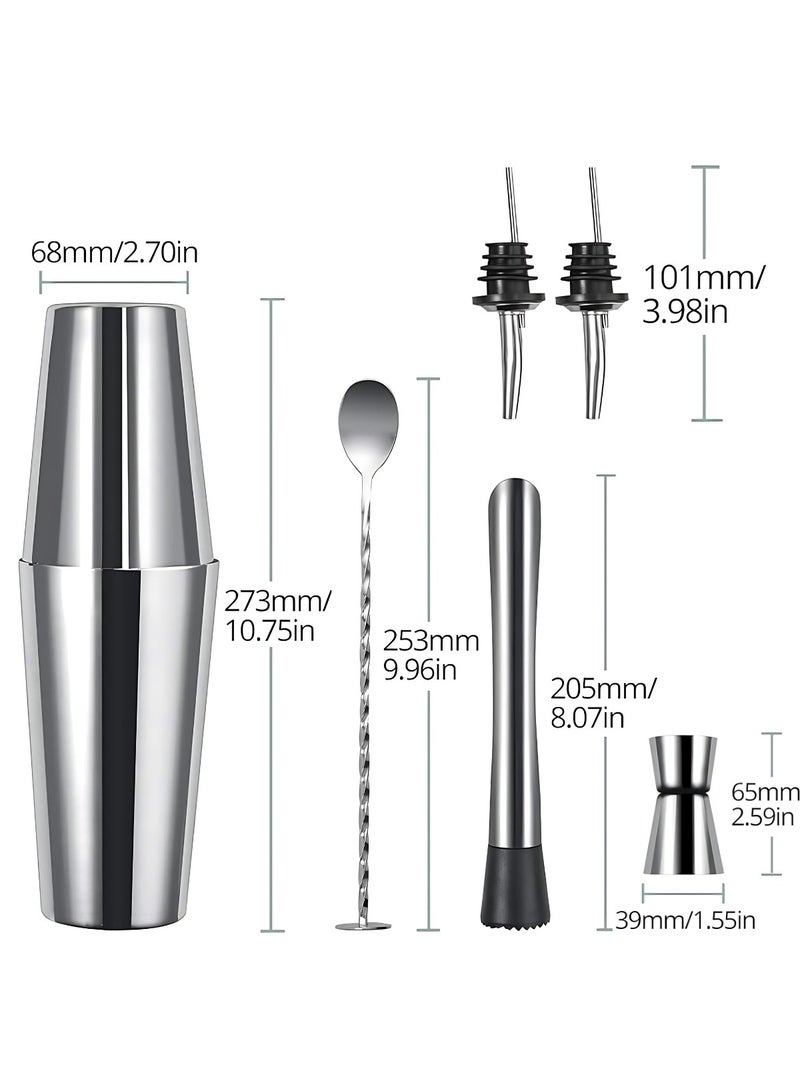 6-Piece Boston Cocktail Shaker Set – Premium Stainless Steel Mixing Tools for Home and Professional Bartenders