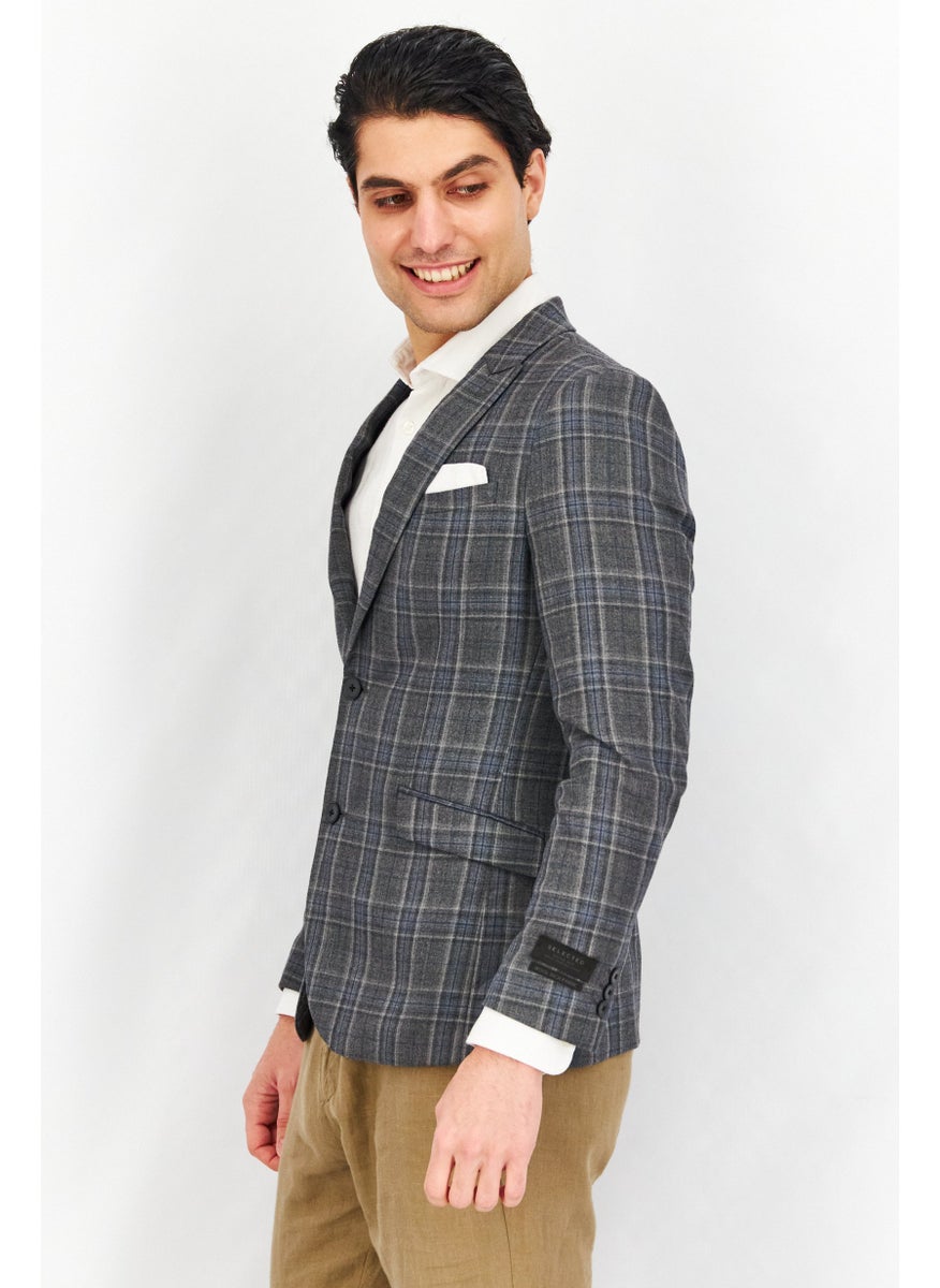 Men Slim Fit Long Sleeve Plaid Blazer, Light Grey Melange