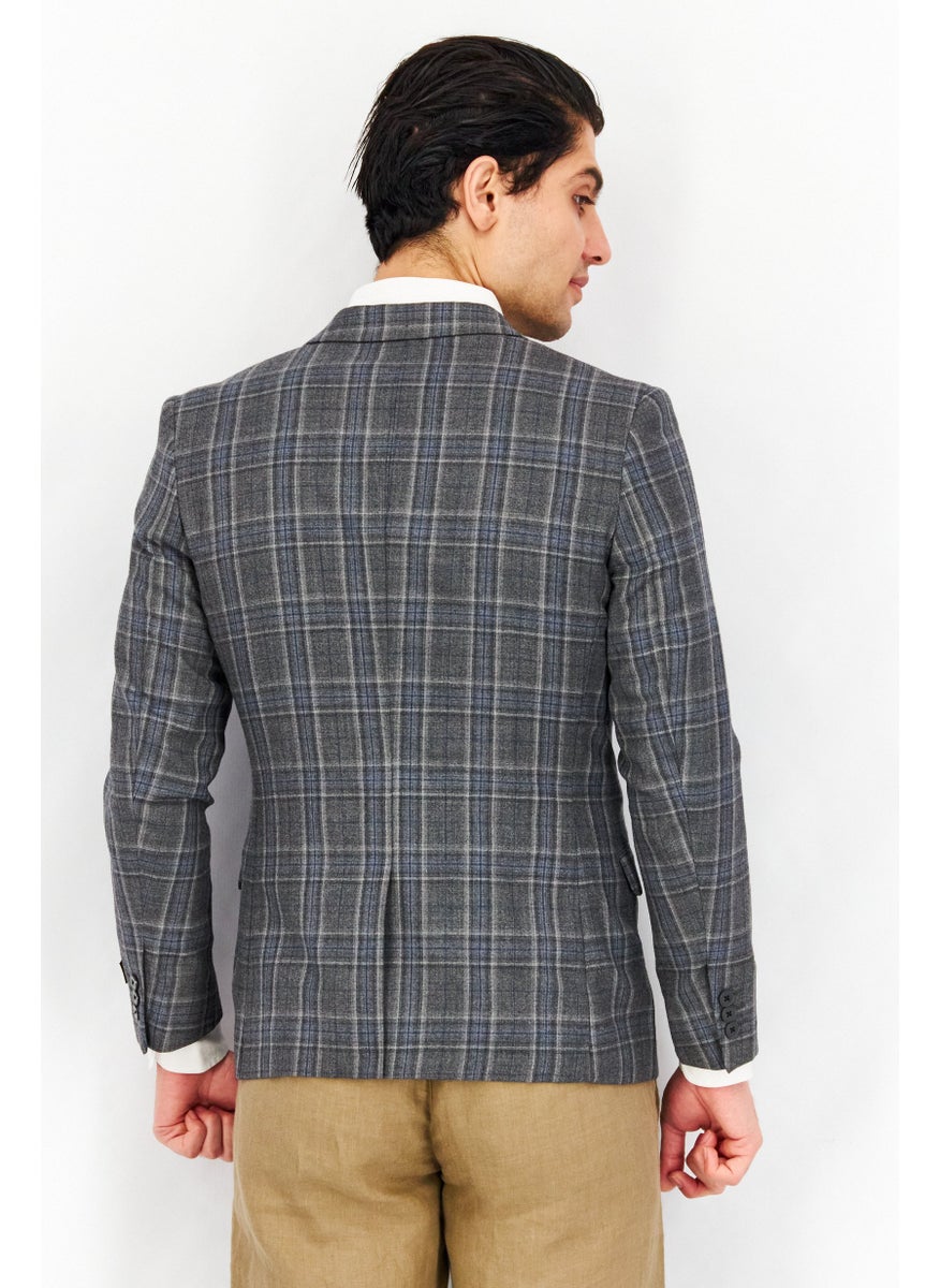 Men Slim Fit Long Sleeve Plaid Blazer, Light Grey Melange