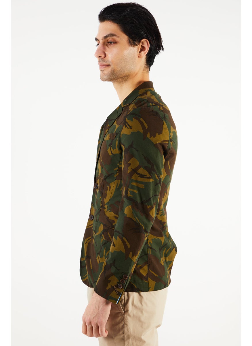 Men Regular Fit Long Sleeve Camouflage Blazer, Olive Combo