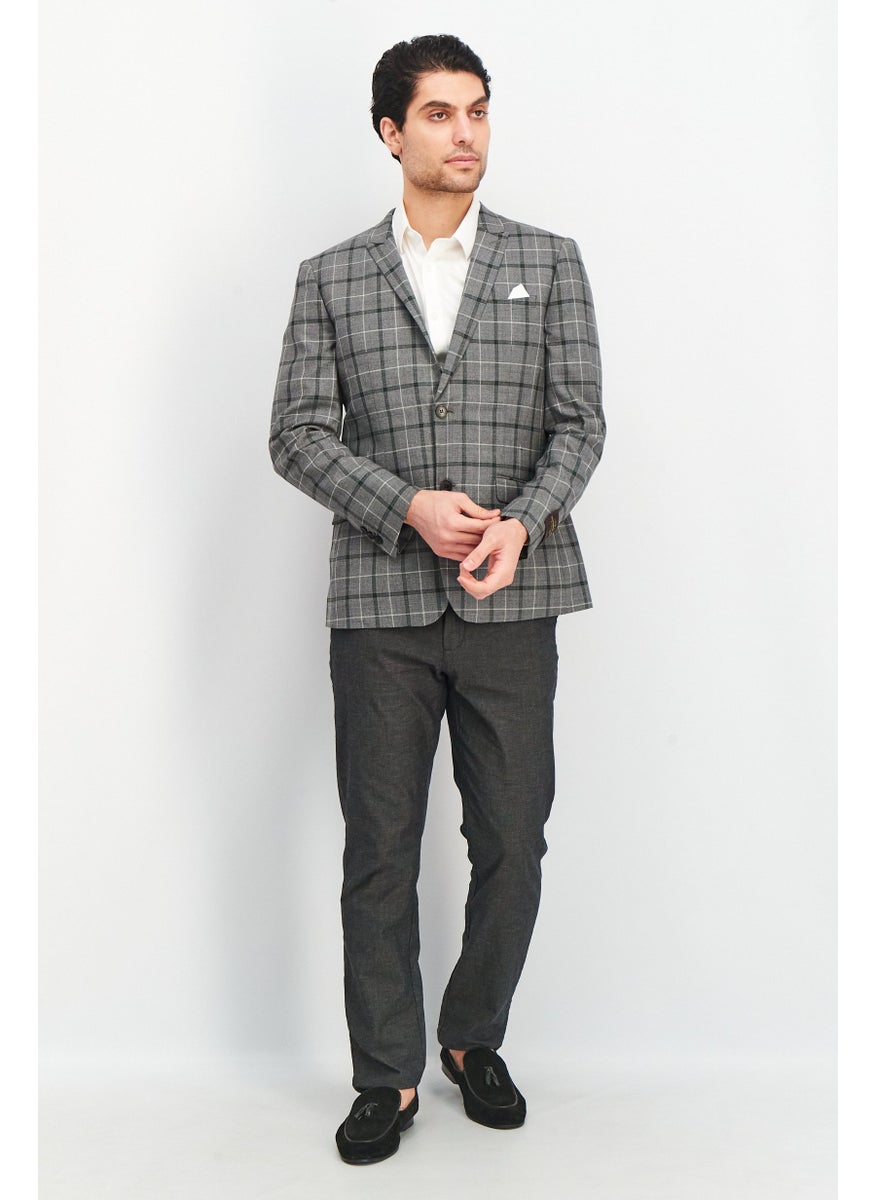 Men Regular Fit Plaid Casual Blazer, Grey