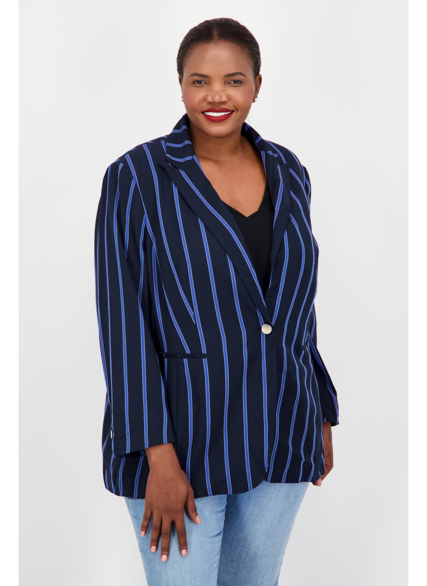 Women Plus Size Stripe Blazer, Black/Navy