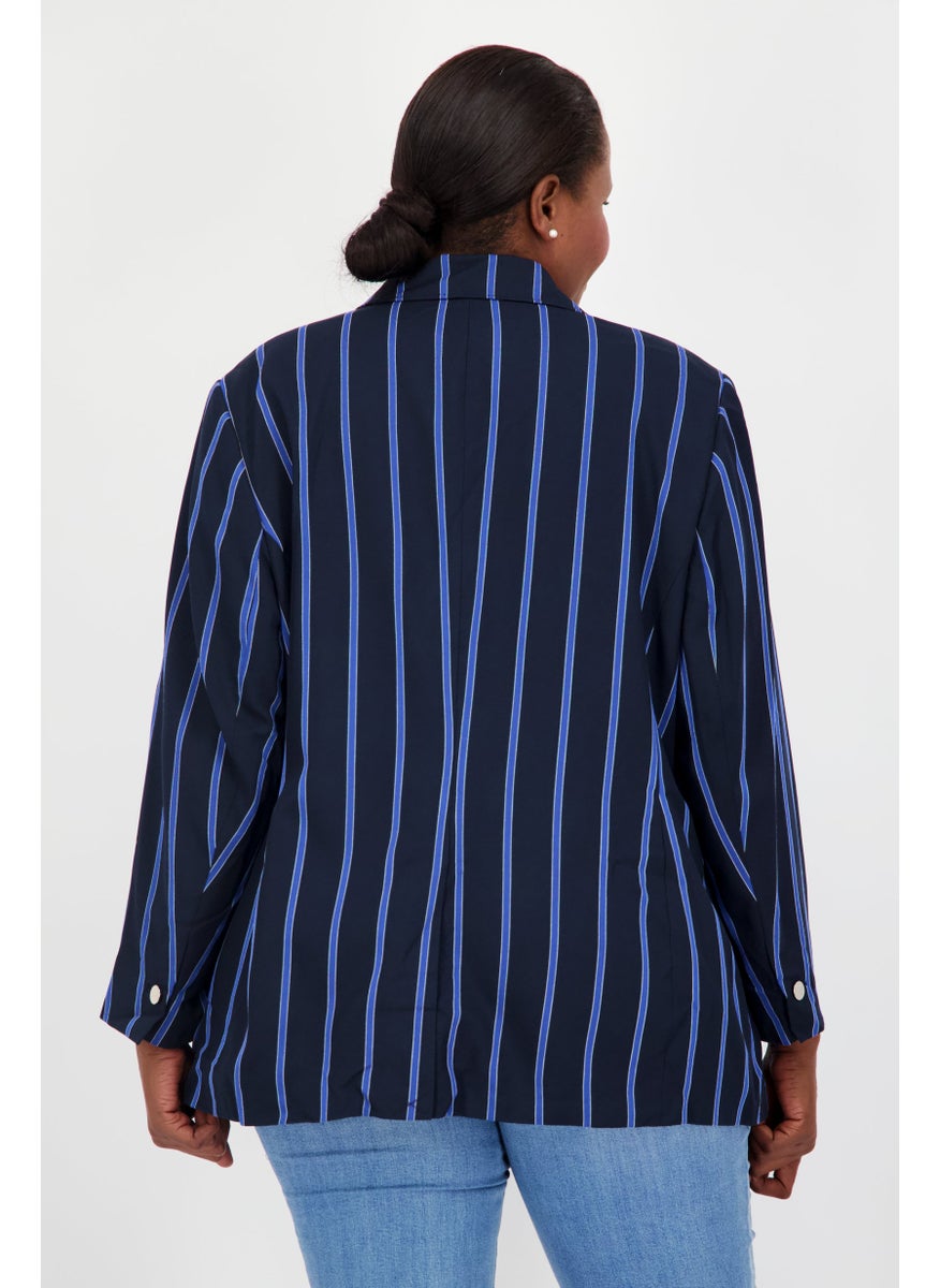 Women Plus Size Stripe Blazer, Black/Navy