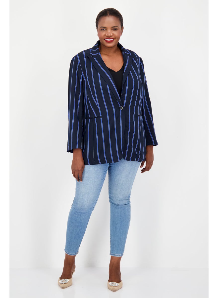 Women Plus Size Stripe Blazer, Black/Navy