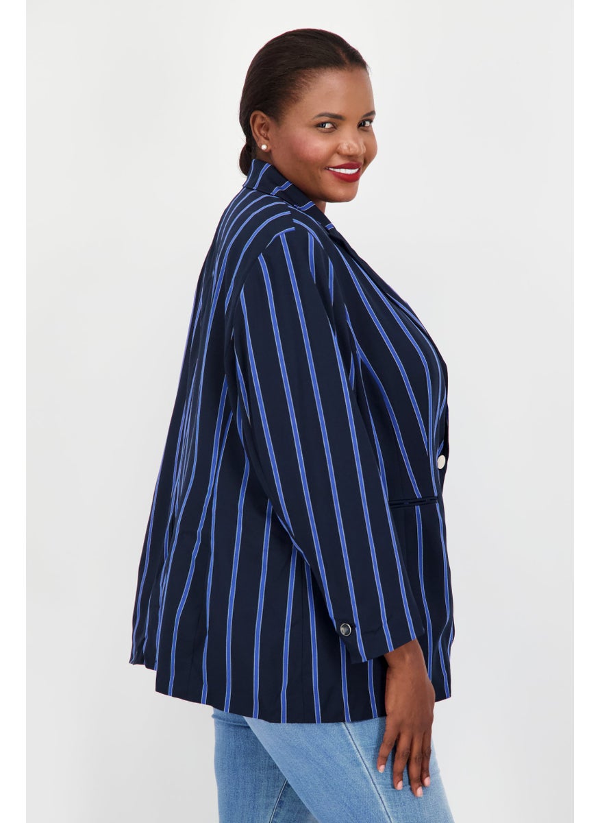 Women Plus Size Stripe Blazer, Black/Navy