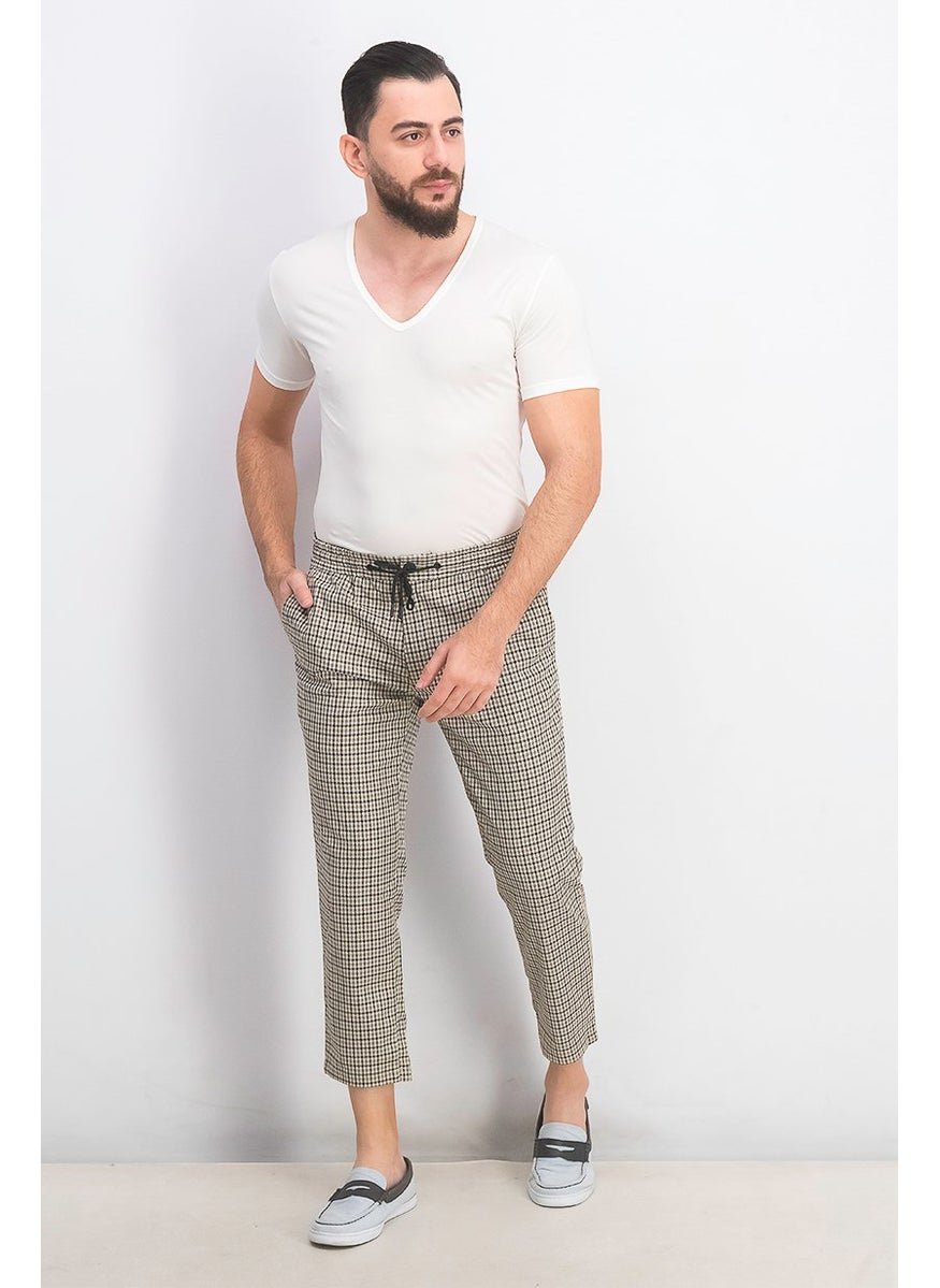 Men Regular Fit Houndstooth Printed Drawstring Pant, Stone