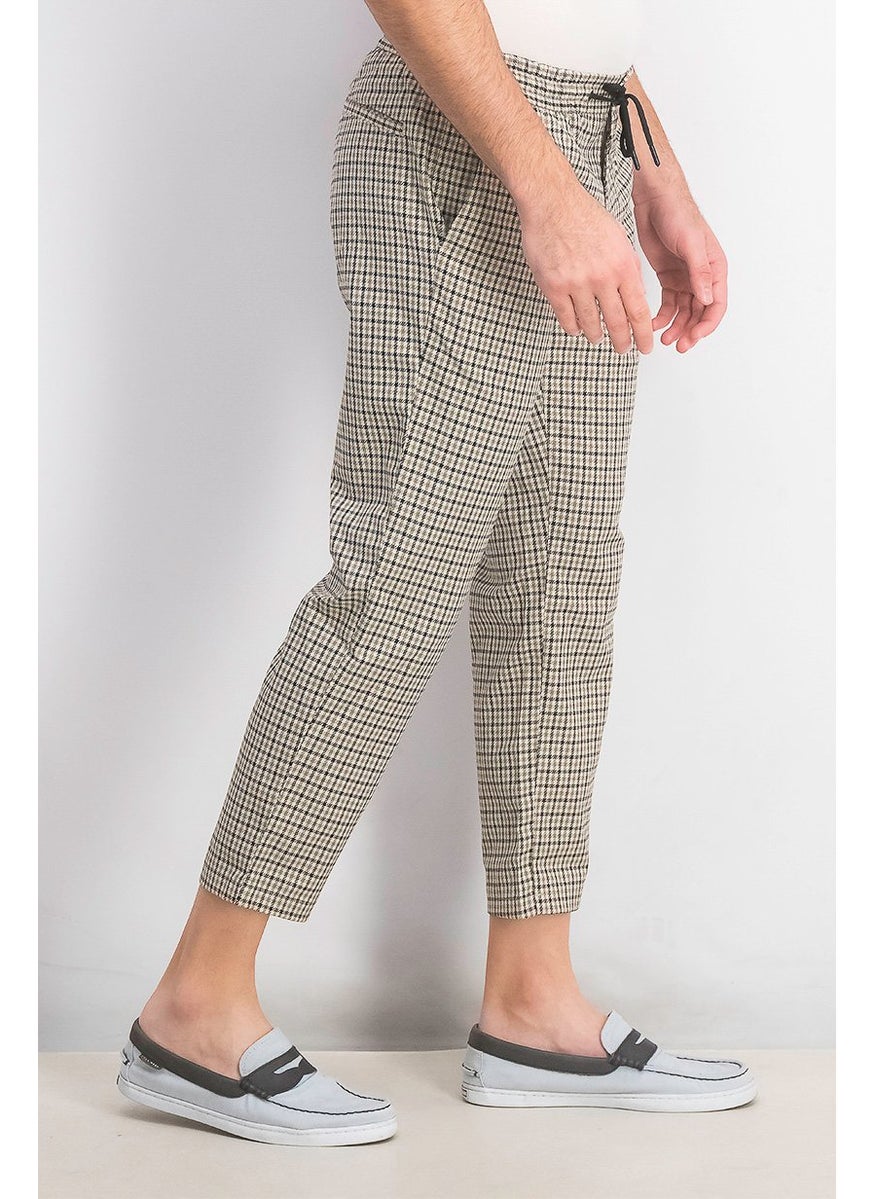 Men Regular Fit Houndstooth Printed Drawstring Pant, Stone