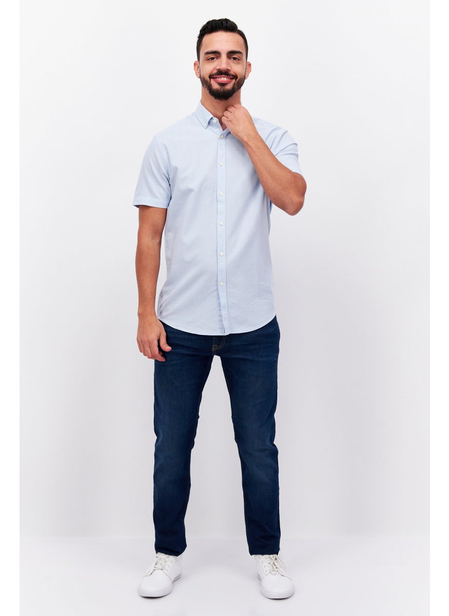 Men Spread Collar Short Sleeves Embroidered Casual Shirts, Sky Blue
