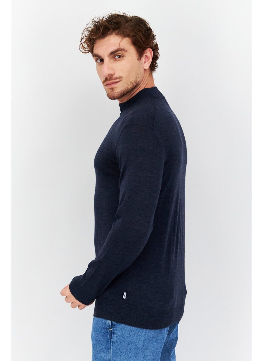 Men Mock Neck Plain Sweaters, Navy Blue