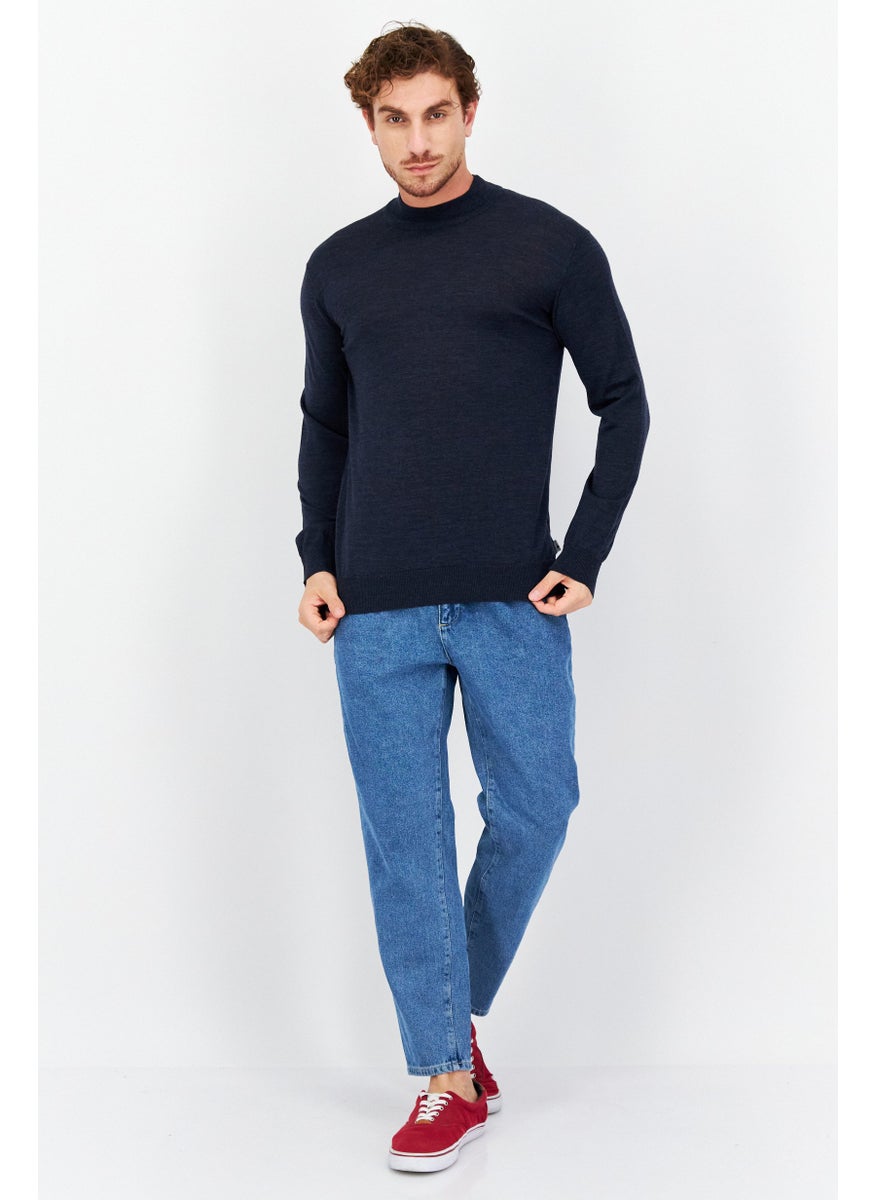 Men Mock Neck Plain Sweaters, Navy Blue