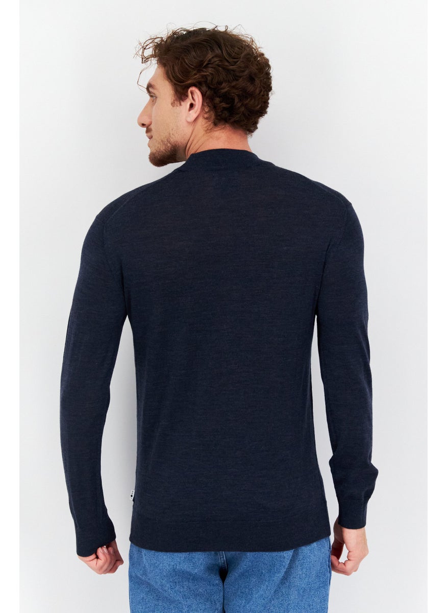 Men Mock Neck Plain Sweaters, Navy Blue