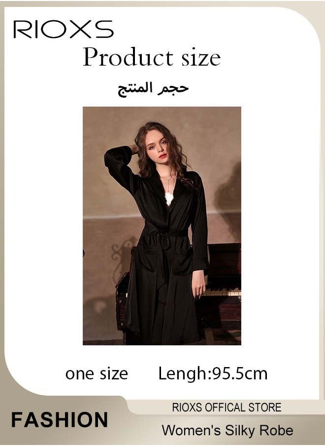 Women's Silky Robe Lightweight Kimono Bathrobe Long Belted Sleepwear Soft Loungewear With Pockets And Belts