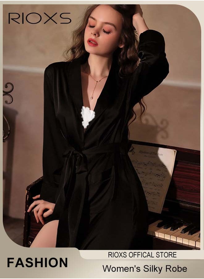 Women's Silky Robe Lightweight Kimono Bathrobe Long Belted Sleepwear Soft Loungewear With Pockets And Belts