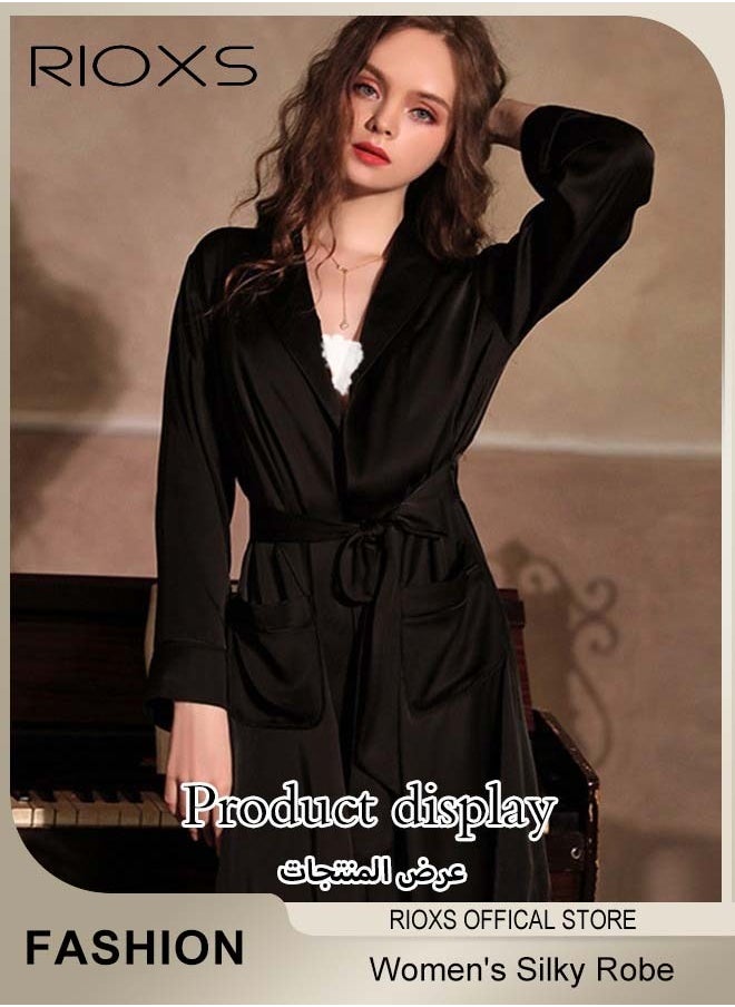 Women's Silky Robe Lightweight Kimono Bathrobe Long Belted Sleepwear Soft Loungewear With Pockets And Belts