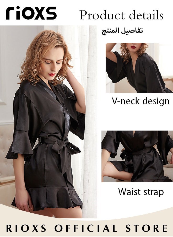 Women's Silky Satin Short Robe with Adjustable Tie and 3/4 Sleeves, Skin-friendly Lightweight Kimono Bathrobe with Above-knee Length, Stylish Comfortable Sleepwear, Perfect for Wedding Day, Pajamas Party, Daily Life Wear and Spa