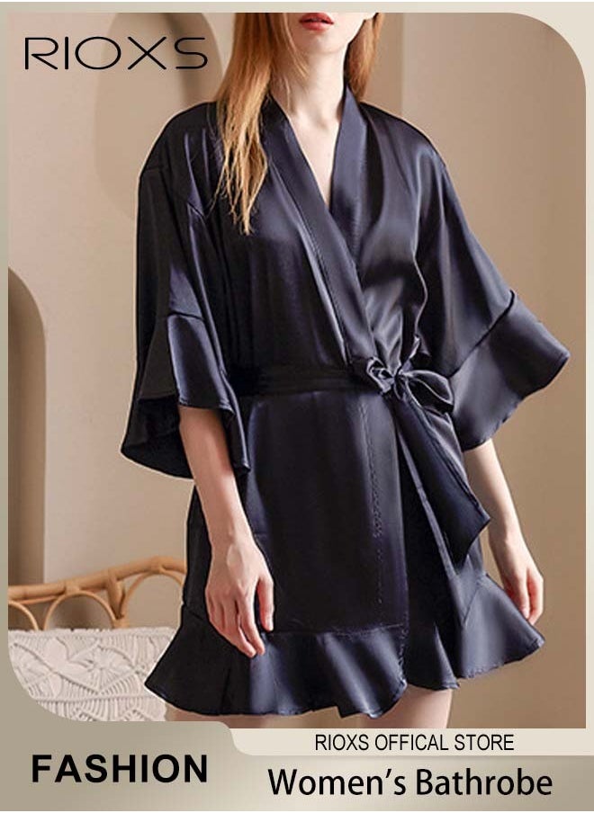 Women's Silky Satin Short Robe with Adjustable Tie and 3/4 Sleeves, Skin-friendly Lightweight Kimono Bathrobe with Above-knee Length, Stylish Comfortable Sleepwear, Perfect for Wedding Day, Pajamas Party, Daily Life Wear and Spa