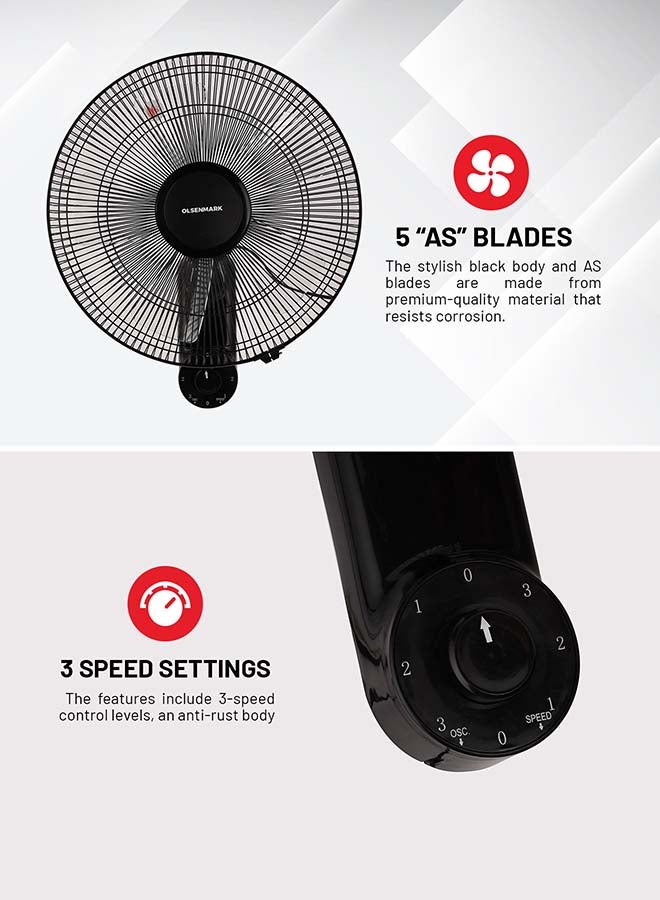 16-Inch Wall Fan 60W Motor With 3-Speed Controls 5 AS Blades And 2 Pull String Cords 60 W OMF1868 Black