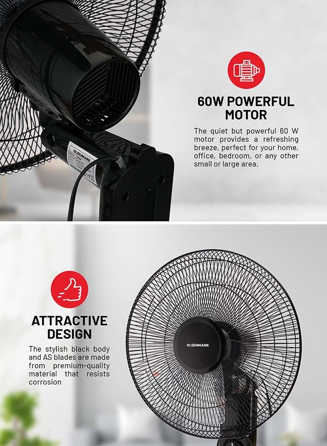 16-Inch Wall Fan 60W Motor With 3-Speed Controls 5 AS Blades And 2 Pull String Cords 60 W OMF1868 Black