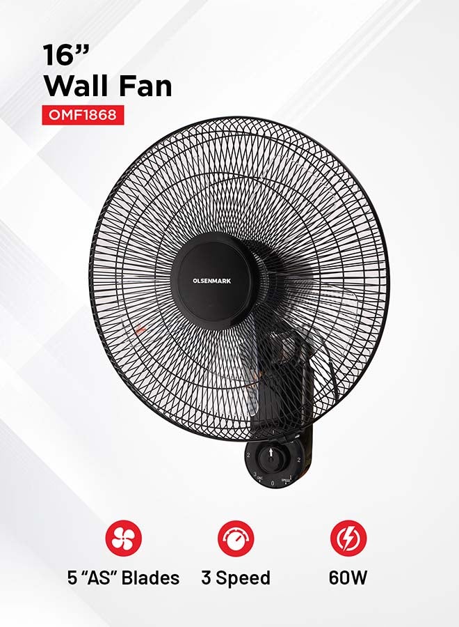 16-Inch Wall Fan 60W Motor With 3-Speed Controls 5 AS Blades And 2 Pull String Cords 60 W OMF1868 Black