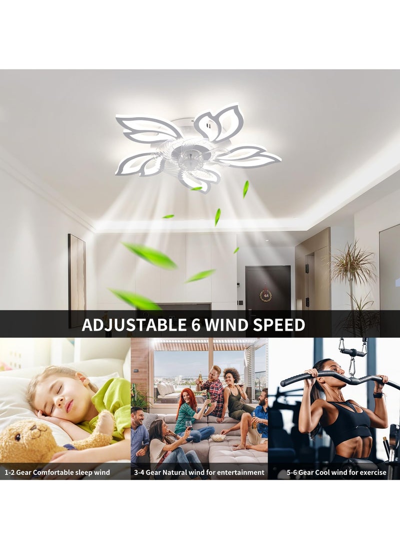 26.7in Modern Ceiling Fan with Light, Bladeless Fandelier Ceiling Fan with Remote,Low Profile Ceiling Fan with Light for Kitchen, Bedroom（6 Speed, Timing,Dimmable）-White