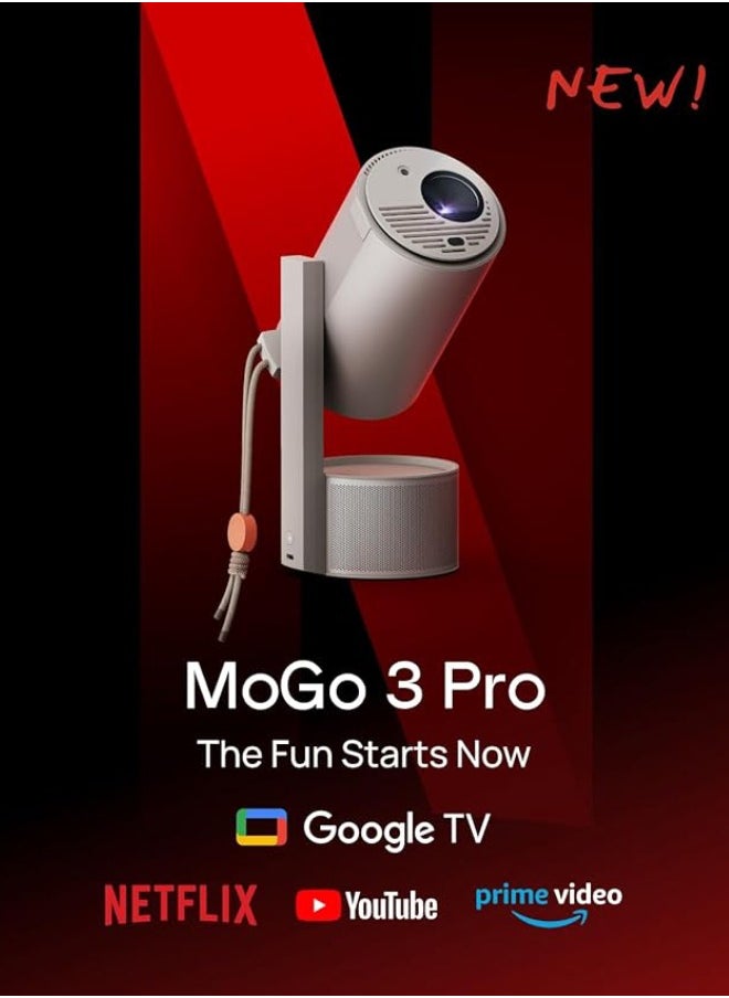 MoGo 3 Pro 1080P Portable Projector, Google TV with Licensed Netflix, Build-in Adjustable Stand, Mini Projector Supports Power Banks, 450 ISO Lumens, ISA 2.0, 2 x 5W Harman Kardon