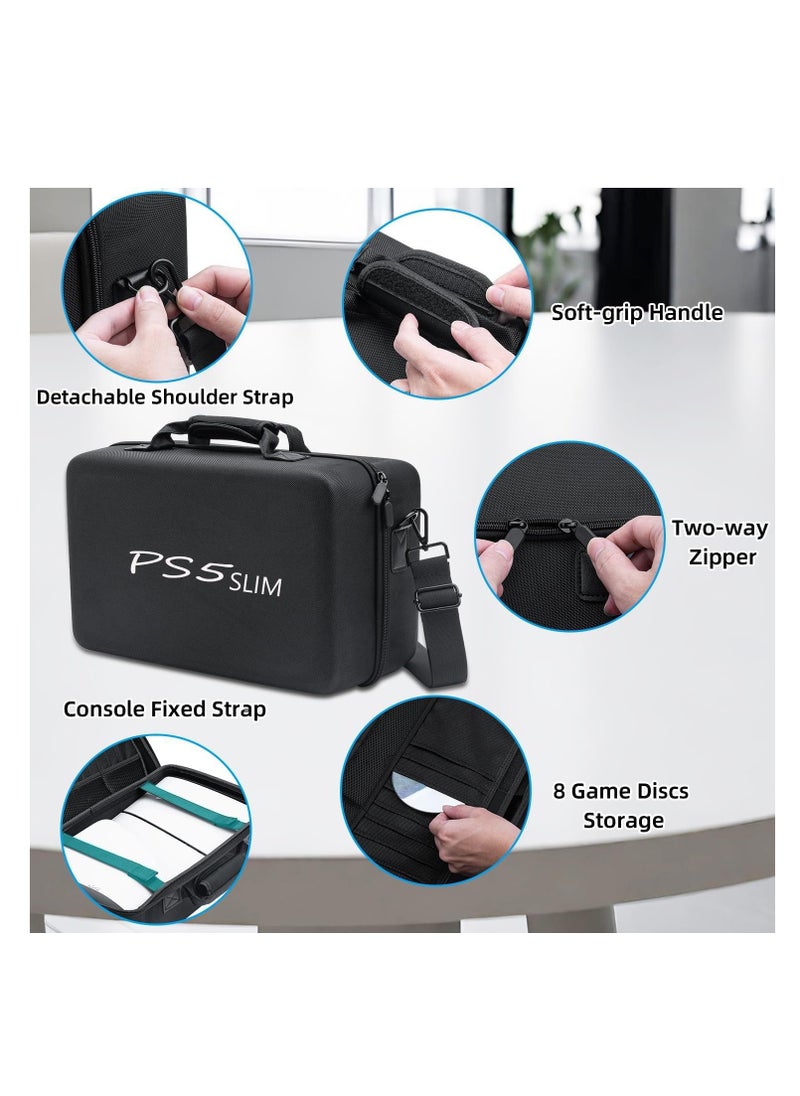 Travel Storage Bag For PS5 Slim - Shockproof Hard Shell Bag- Luxury Waterproof Shoulder Bag For Playstation 5 Slim, Console & Accessories Storage Organizer (Double Black)