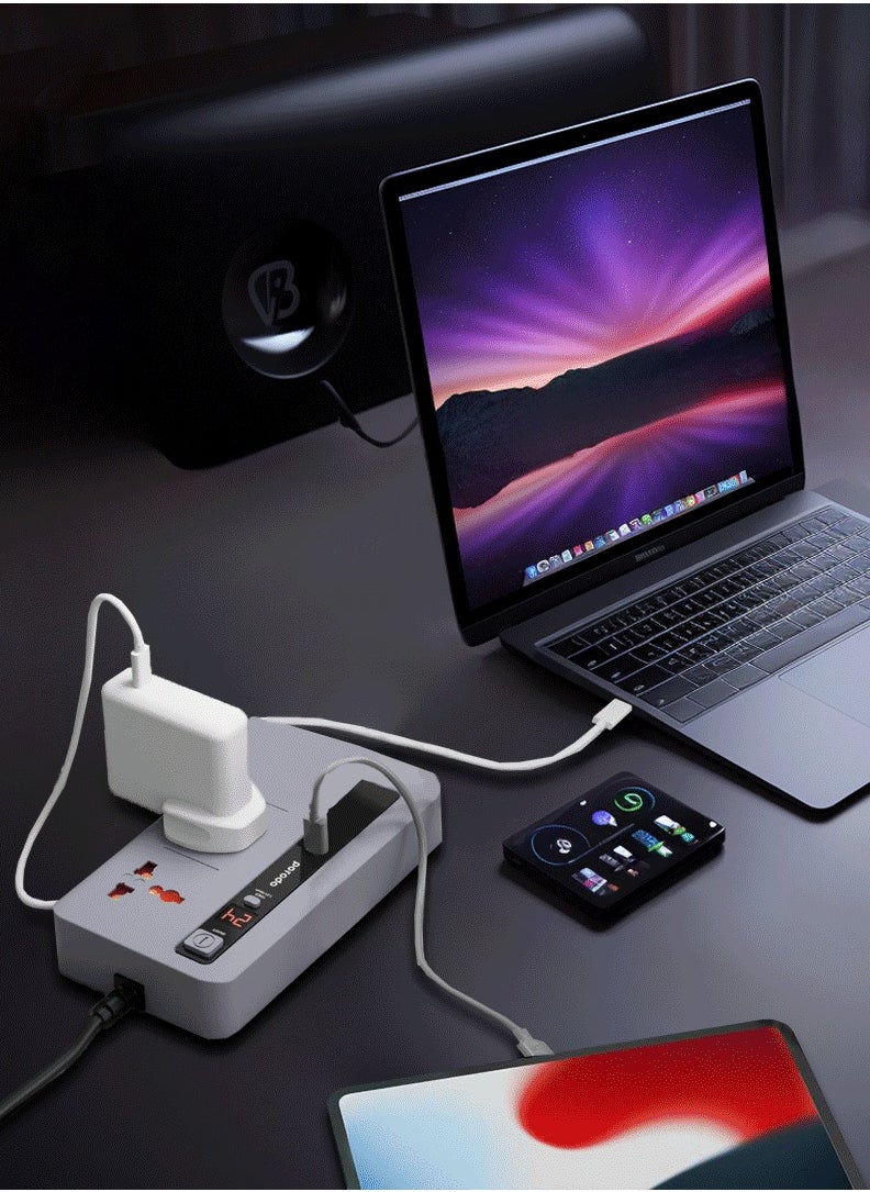 Multi-Port Power HUB / 4 USB-A/USB-C / Ultimate Home & Office Kit / 2M Wire/ 3000 Watts AC Output/ 18W USB QC3.0 / 20W USB-C PD / 200cm Power Cord with Over-Heat Protection - Gray