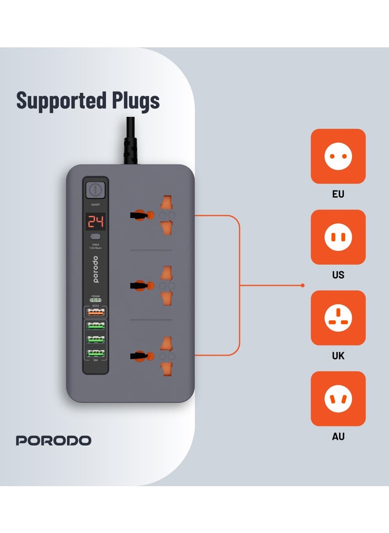 Multi-Port Power HUB / 4 USB-A/USB-C / Ultimate Home & Office Kit / 2M Wire/ 3000 Watts AC Output/ 18W USB QC3.0 / 20W USB-C PD / 200cm Power Cord with Over-Heat Protection - Gray