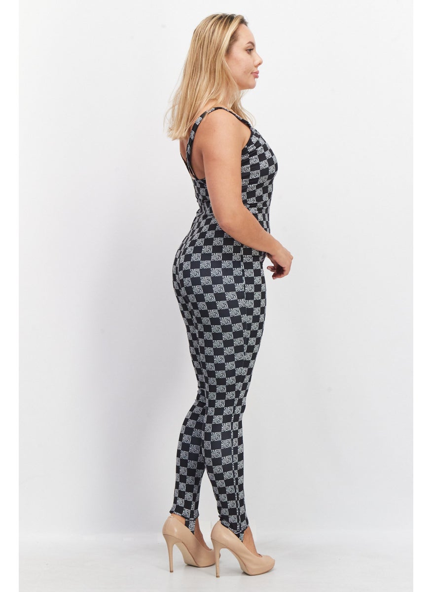 Women Allover Print Sleeveless Jumpsuit, Black