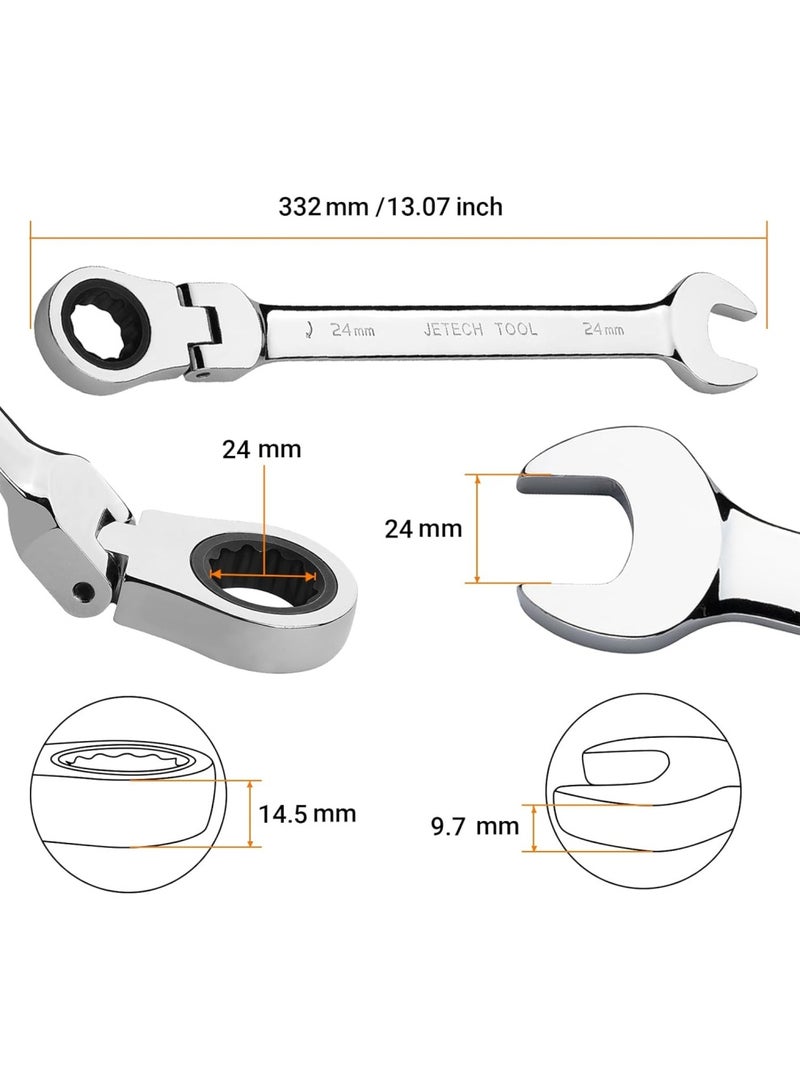 Jetech 24mm Flexible Head Ratchet Combination Wrench, Industrial Grade Flex Ratcheting Spanner, Heat-Treated Cr-V Alloy Steel, 12 Point Ratchet Box Ended and Open End Spanner, Flex-Head Gear Wrench Silver