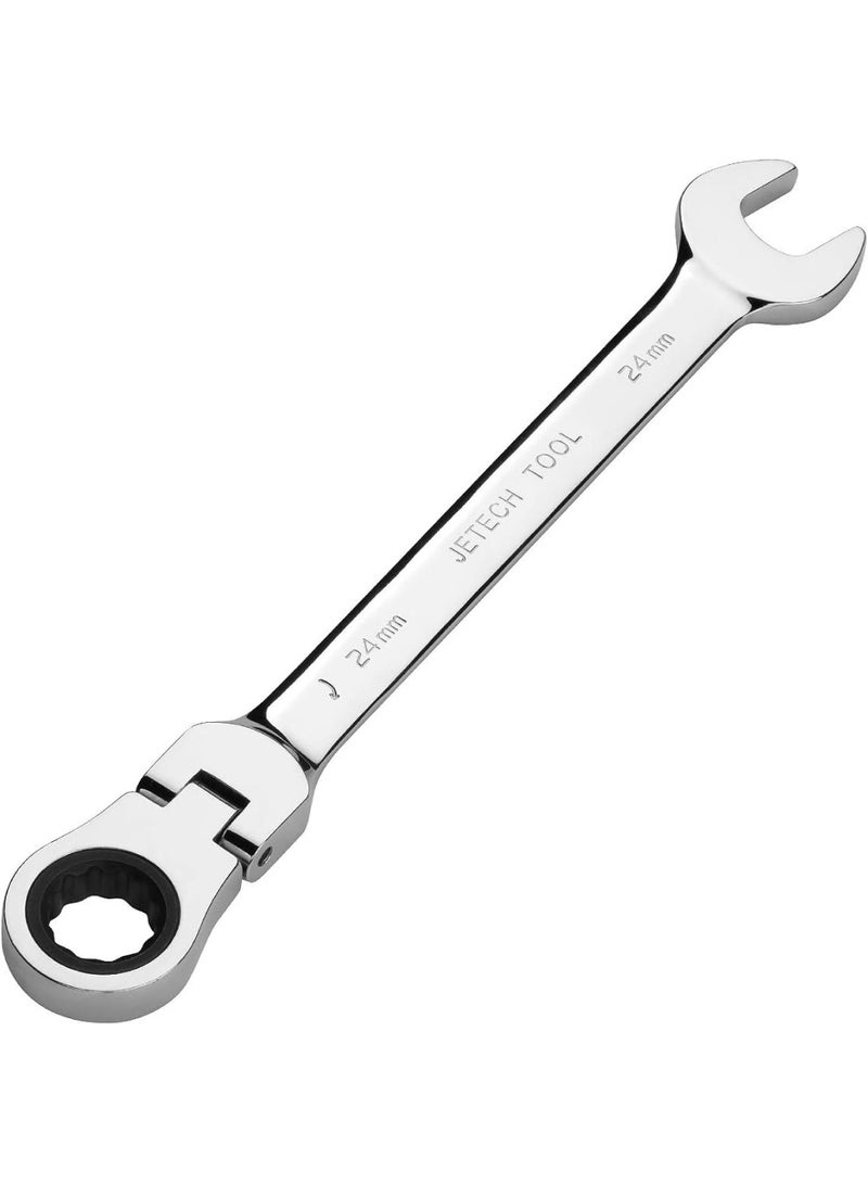 Jetech 24mm Flexible Head Ratchet Combination Wrench, Industrial Grade Flex Ratcheting Spanner, Heat-Treated Cr-V Alloy Steel, 12 Point Ratchet Box Ended and Open End Spanner, Flex-Head Gear Wrench Silver