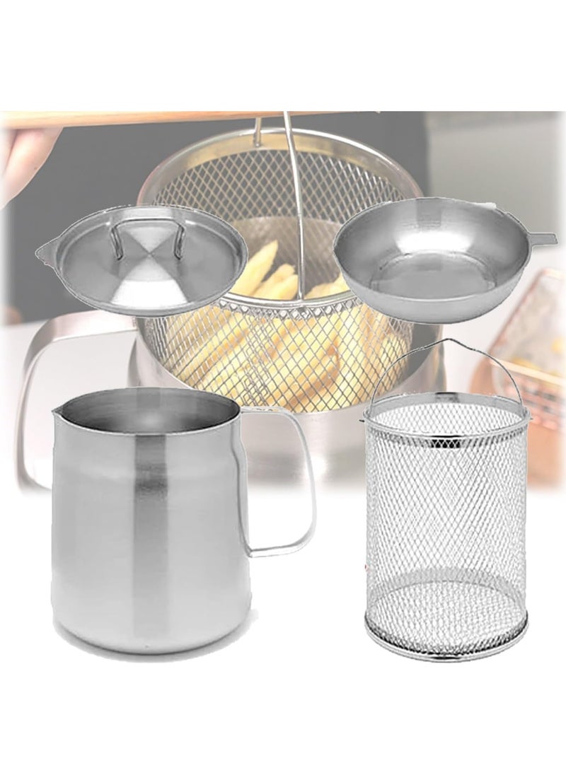 Stainless Steel Oil Filter Pot,Large Capacity Oil Filter Vessel with Fine Mesh Strainer & Frying Baske,Versatile Oil Fryer And Filter Cup,304 Stainless Steel Oil Filter Pot with Strainer -1.5L