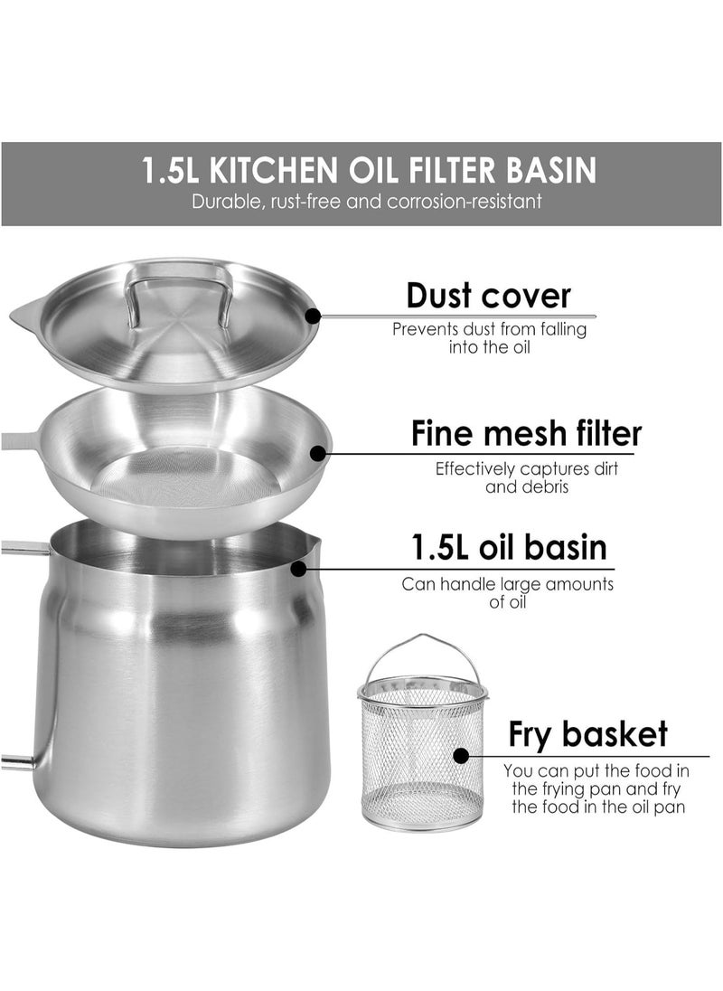 Stainless Steel Oil Filter Pot,Large Capacity Oil Filter Vessel with Fine Mesh Strainer & Frying Baske,Versatile Oil Fryer And Filter Cup,304 Stainless Steel Oil Filter Pot with Strainer -1.5L