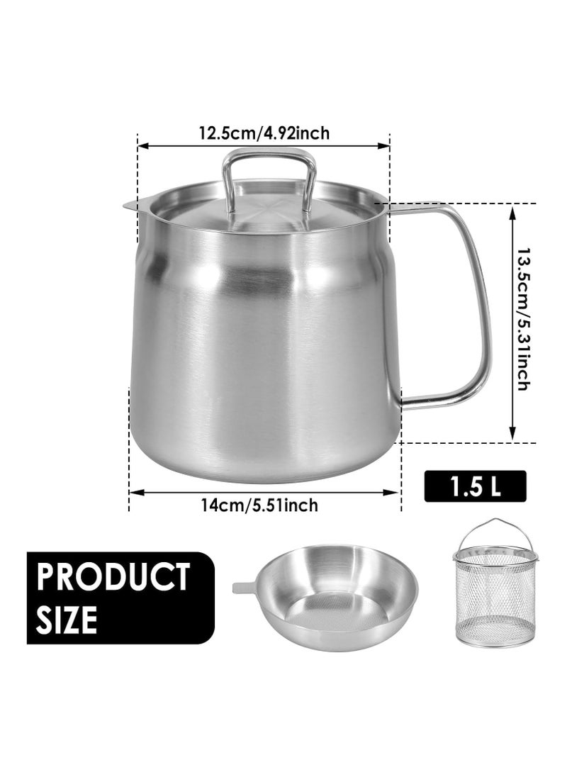 Stainless Steel Oil Filter Pot,Large Capacity Oil Filter Vessel with Fine Mesh Strainer & Frying Baske,Versatile Oil Fryer And Filter Cup,304 Stainless Steel Oil Filter Pot with Strainer -1.5L