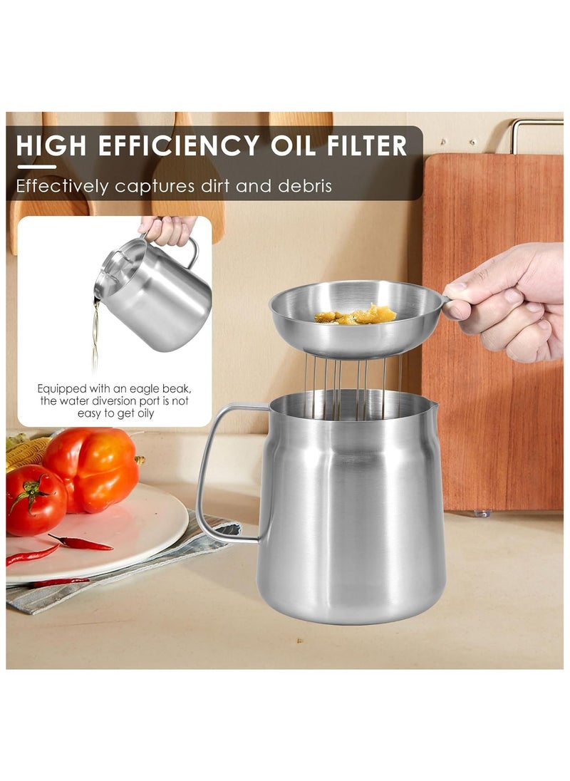 Stainless Steel Oil Filter Pot,Large Capacity Oil Filter Vessel with Fine Mesh Strainer & Frying Baske,Versatile Oil Fryer And Filter Cup,304 Stainless Steel Oil Filter Pot with Strainer -1.5L