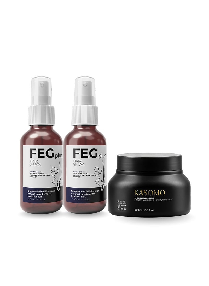 FEGPLUS 2Pcs Hair & Beard Growth Serum (50ml) + KASOMO Hair Repair Mask Deeply Moisturizing With Hydrolyzed Keratin (250ml), Control Hair Loss & Regrow Hair, Natural Ingredients Help Hair Stronger & Healthier