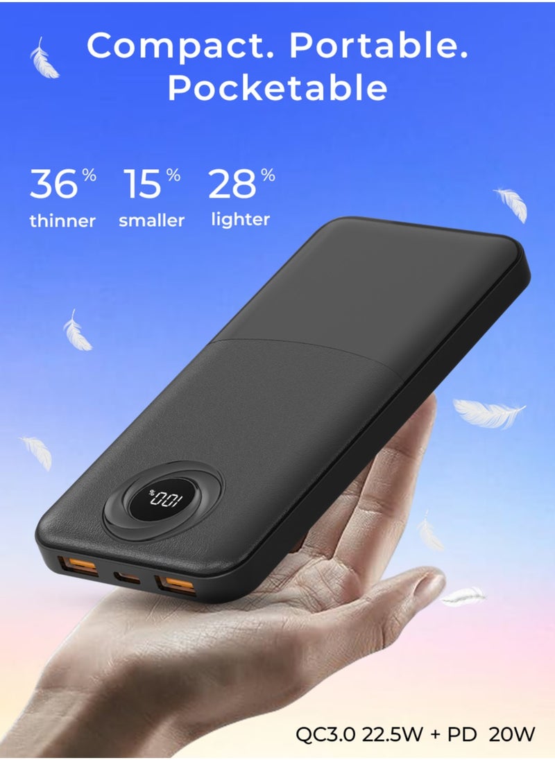 10000mAh Powerbank with PD 20W + QC 22.5W Fast Charging, Dual USB Output, and Digital Display (Black)