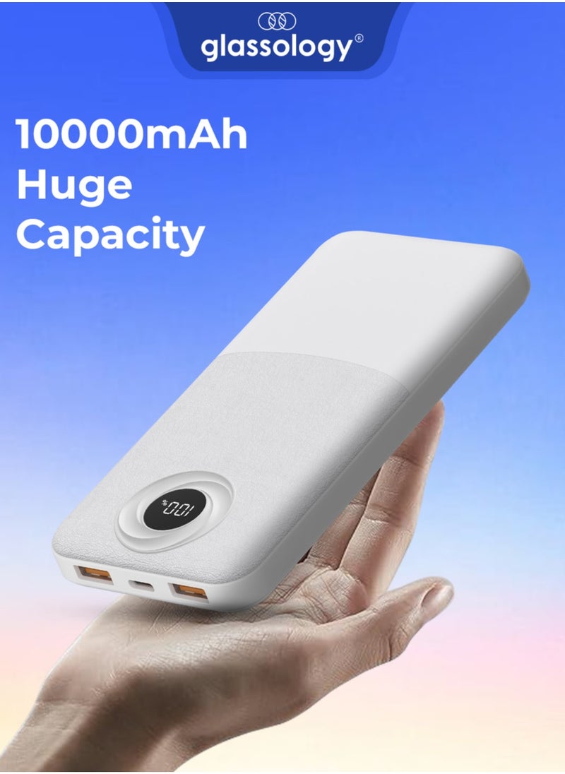 10000mAh Powerbank with PD 20W + QC 22.5W Fast Charging, Dual USB Output, and Digital Display (White)