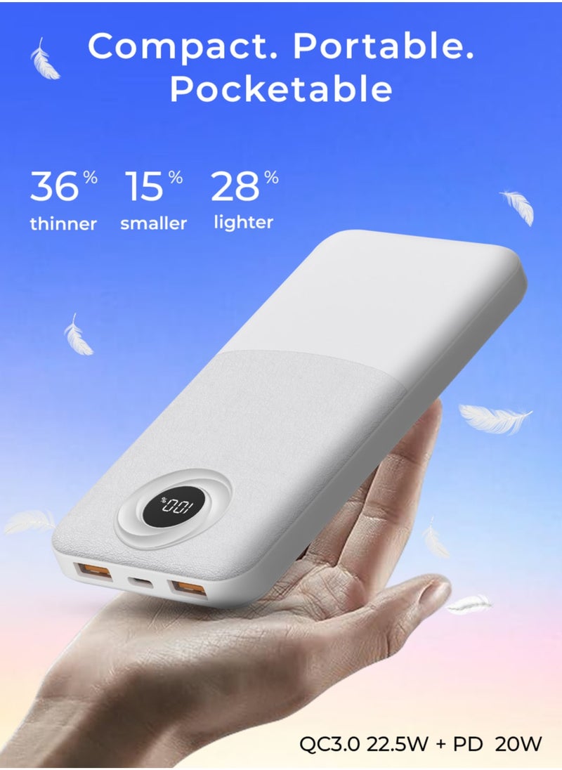 10000mAh Powerbank with PD 20W + QC 22.5W Fast Charging, Dual USB Output, and Digital Display (White)