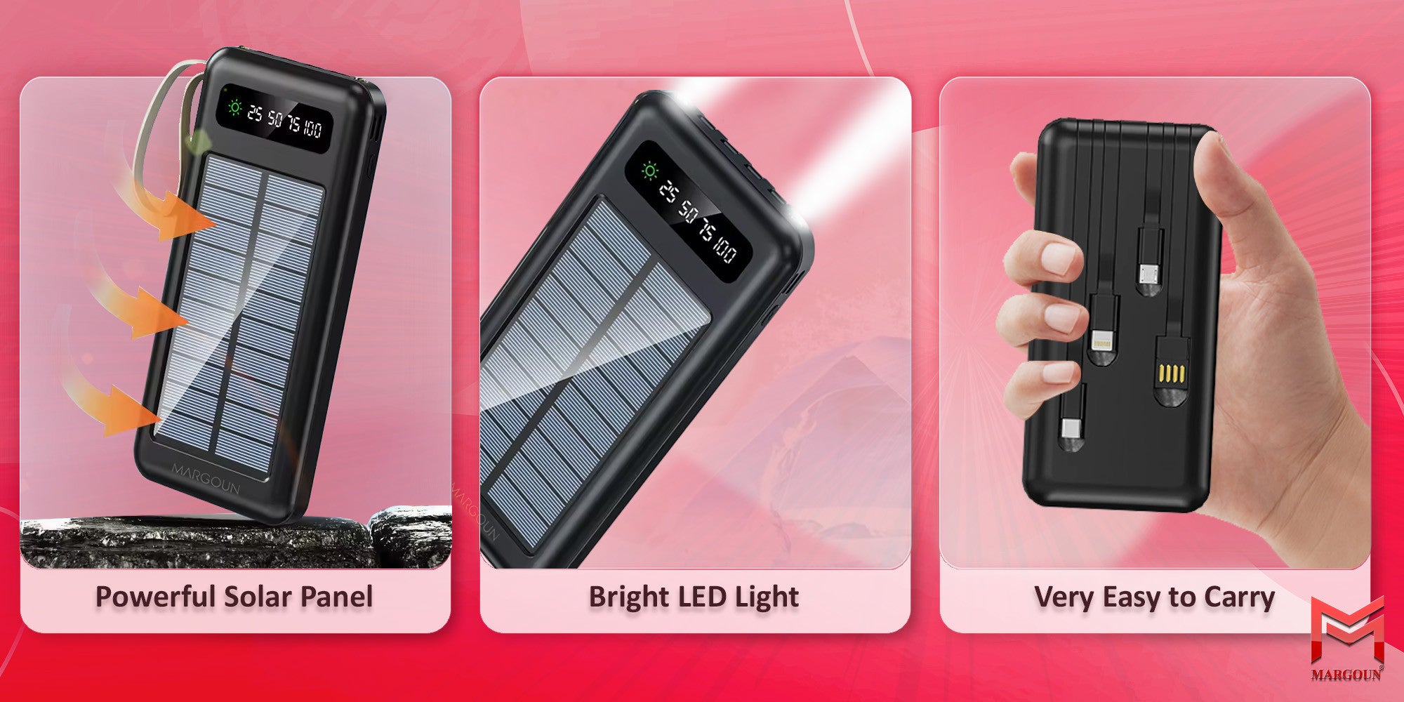 10000 mAh Solar Power Bank Big Capacity Phone Charging Powerbank with Cable External Battery Phone Fast Charger Black