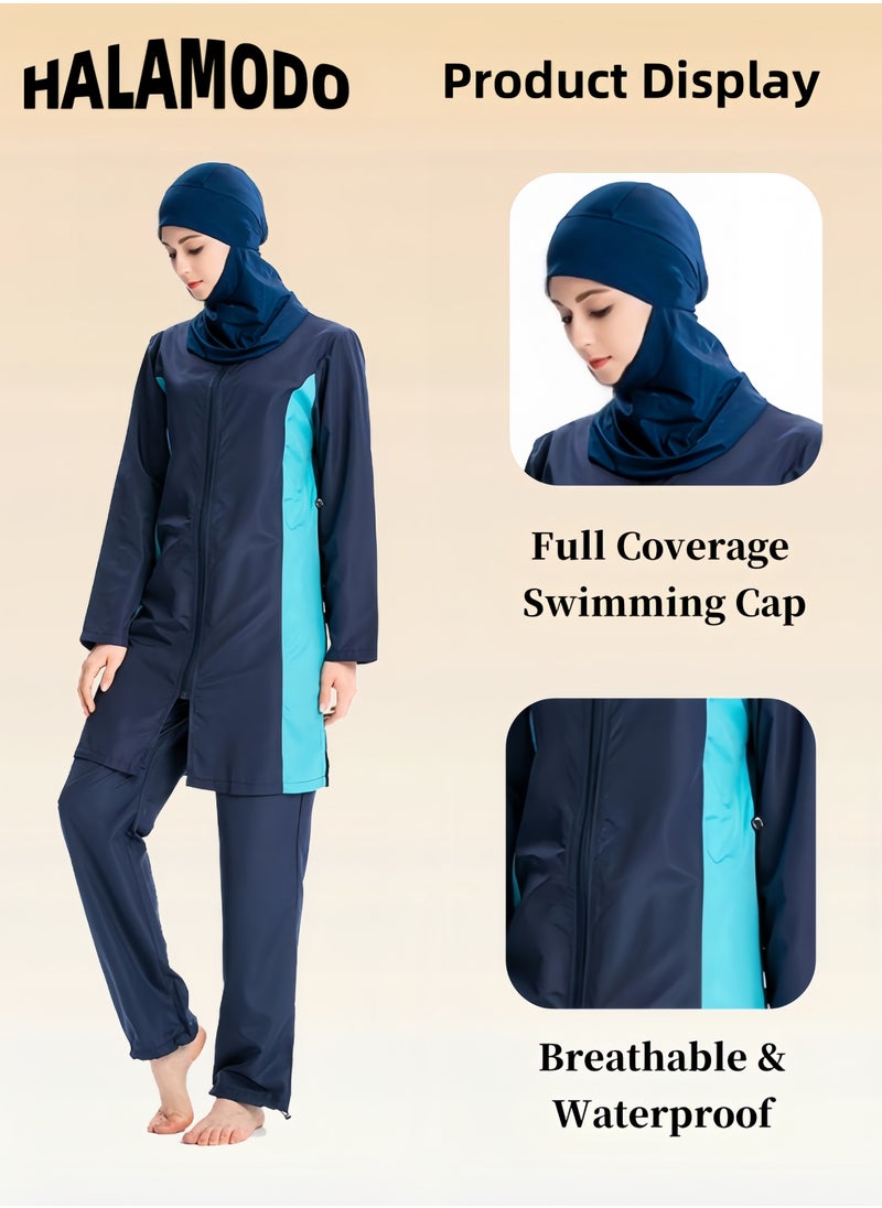 Women's 3pcs Swimsuit Full Coverage Swimwear Beachwear Swimming Suit of Islamic Long Sleeve Oversize Coat & Drawstring Swim Pants & Swimming Cap for Modest Islamic Hijab Ladies