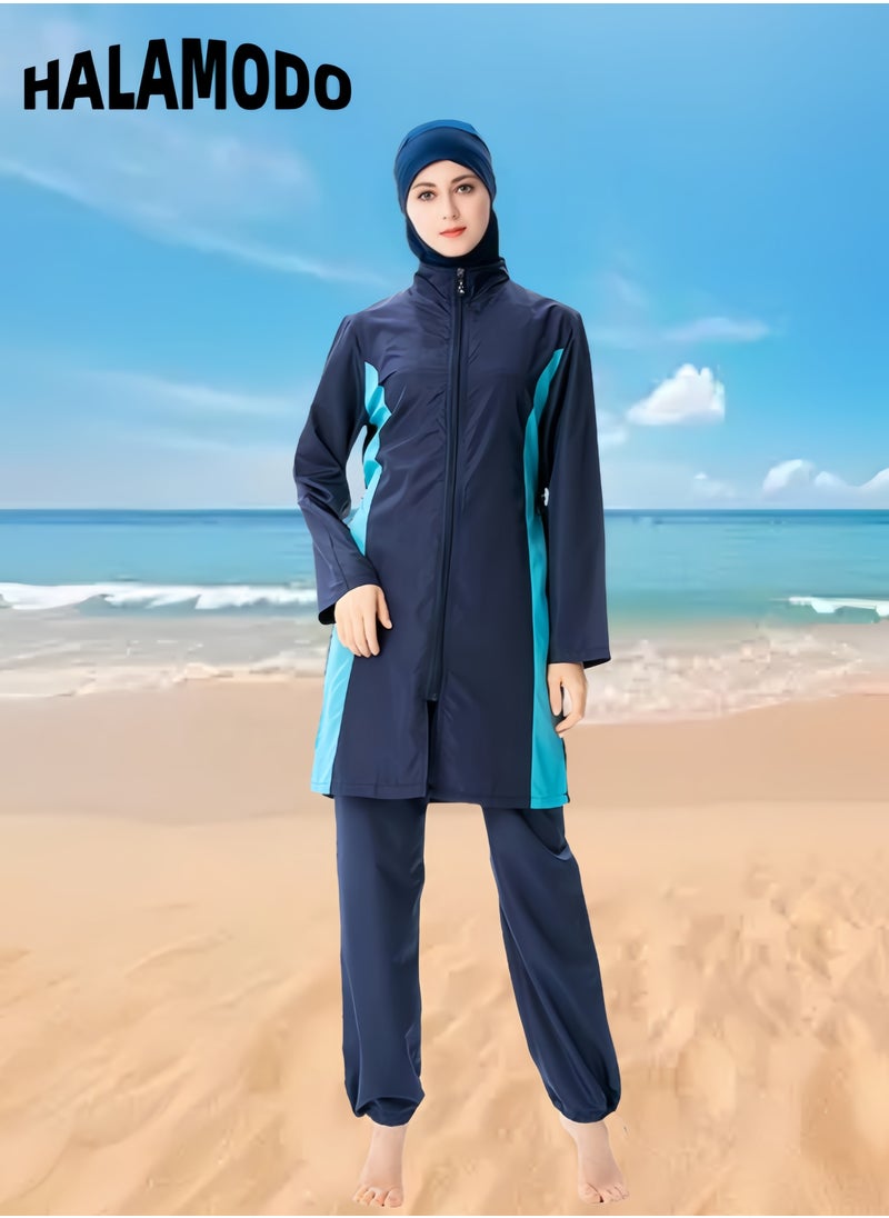 Women's 3pcs Swimsuit Full Coverage Swimwear Beachwear Swimming Suit of Islamic Long Sleeve Oversize Coat & Drawstring Swim Pants & Swimming Cap for Modest Islamic Hijab Ladies