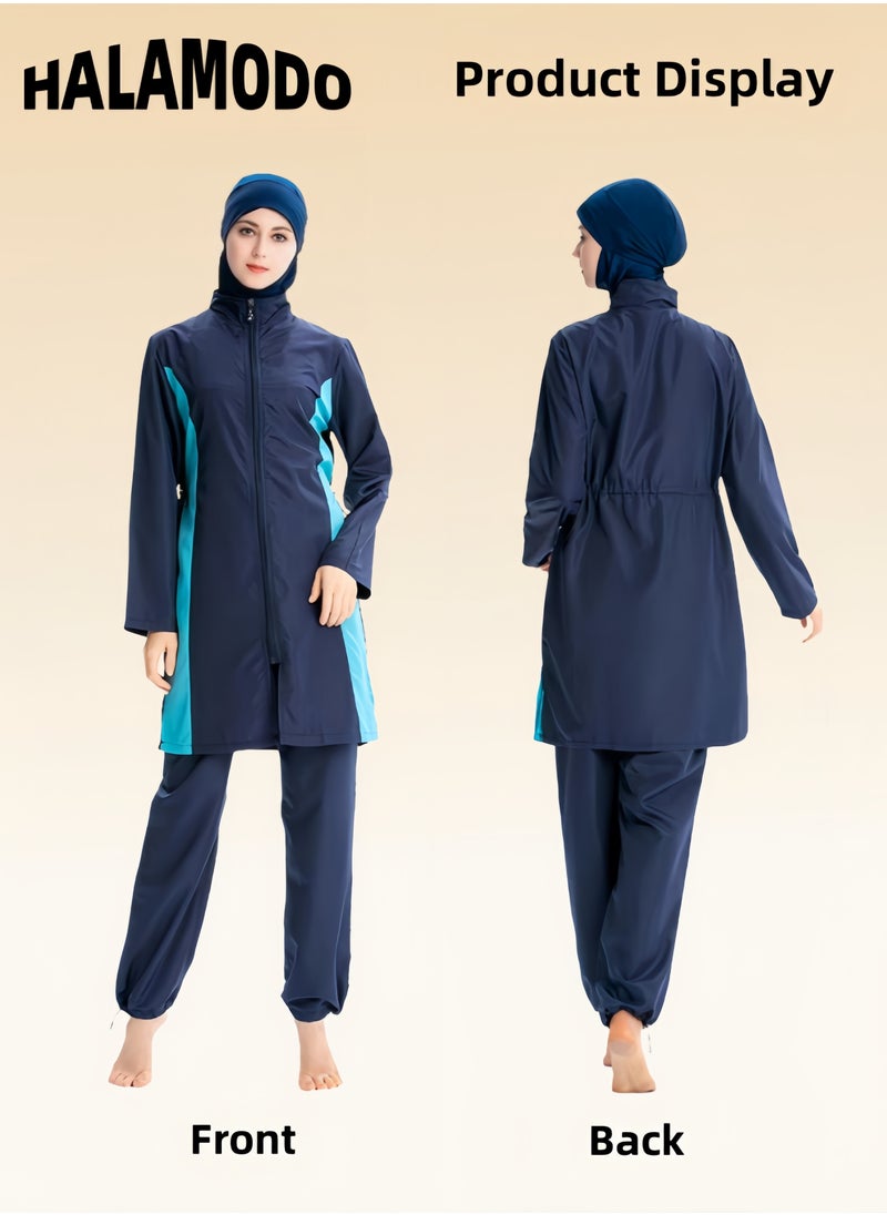 Women's 3pcs Swimsuit Full Coverage Swimwear Beachwear Swimming Suit of Islamic Long Sleeve Oversize Coat & Drawstring Swim Pants & Swimming Cap for Modest Islamic Hijab Ladies