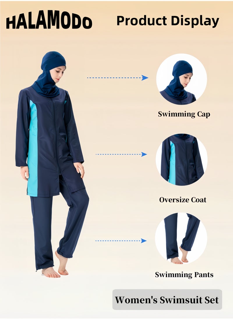 Women's 3pcs Swimsuit Full Coverage Swimwear Beachwear Swimming Suit of Islamic Long Sleeve Oversize Coat & Drawstring Swim Pants & Swimming Cap for Modest Islamic Hijab Ladies