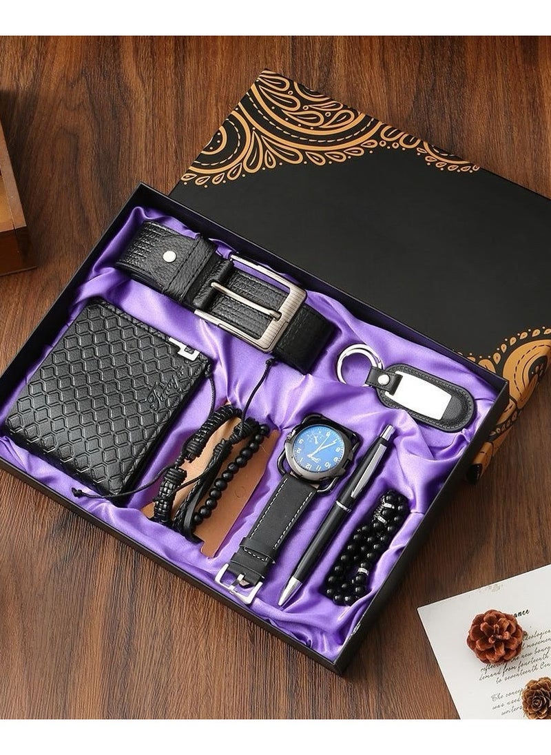 Corporate Luxury 7 Leather Sets Watch Wallet Belt Bracelet Key Chain Ballpoint Pen Rosary Box For Present Business Men Gift Set