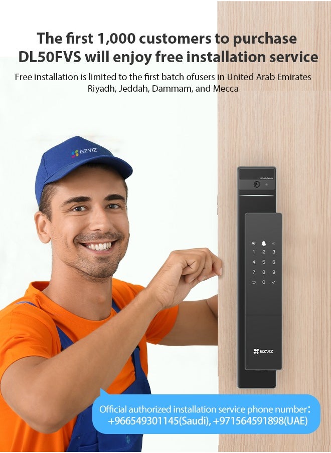 EZVIZ DL50FVS 8-in-1 Smart Door Lock, Keyless Entry, 3D Face Recognition, 8GB Storage, 2m Night Vision, Intercom, App Control, Installation Included for First 1000 Customers